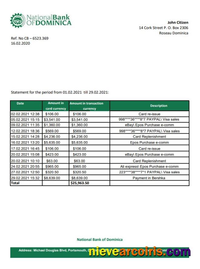 Dominica National Bank of Dominica bank statement easy to fill in Excel and PDF format